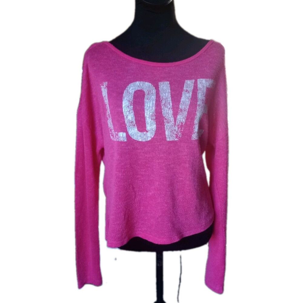 Aeropostale Women's XL Pink Knit Sweater With Destressed "Love" Graphic